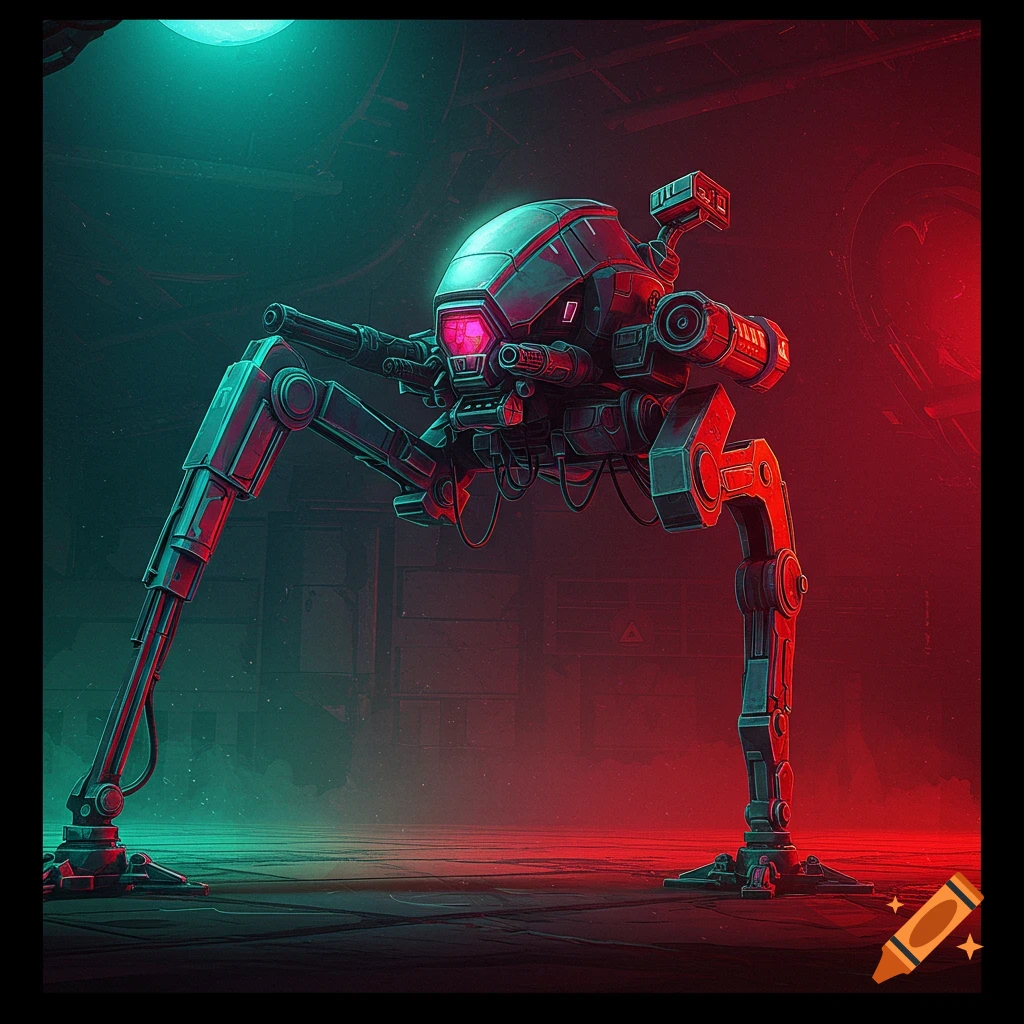 A large robotic strider stands in a red and teal lit industrial setting.