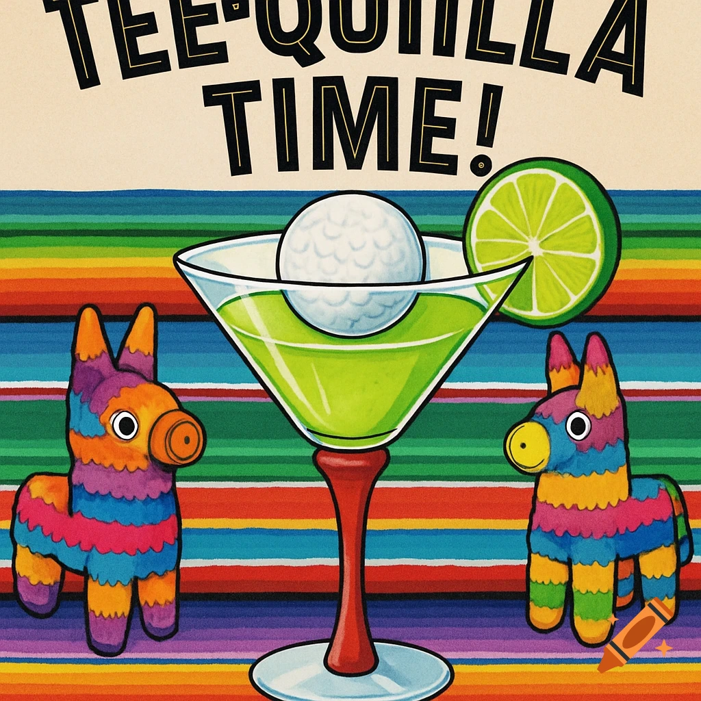 Illustration of a golf ball in a martini glass with lime, two pinatas, and colorful striped background. Text reads TEE-QUILLA TIME!