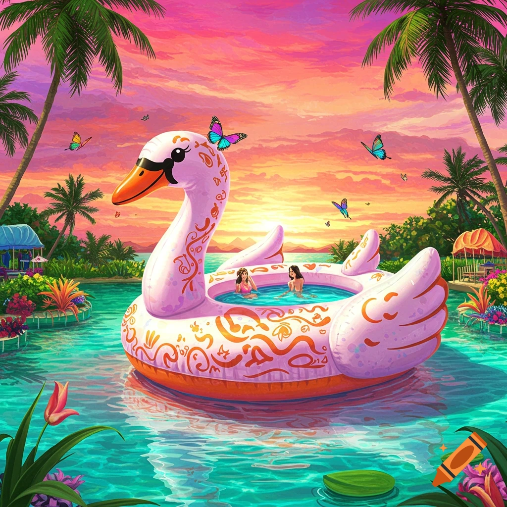 Two people float in a large pink inflatable swan in a tropical pool at sunset with palm trees and butterflies.