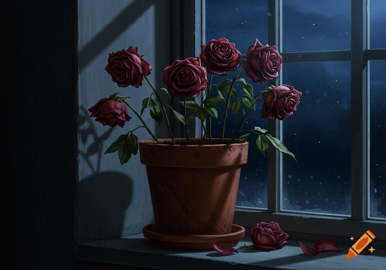 Seven deep red roses in a terracotta pot on a windowsill at night, illuminated by moonlight, with a fallen rose and petals beside the pot.