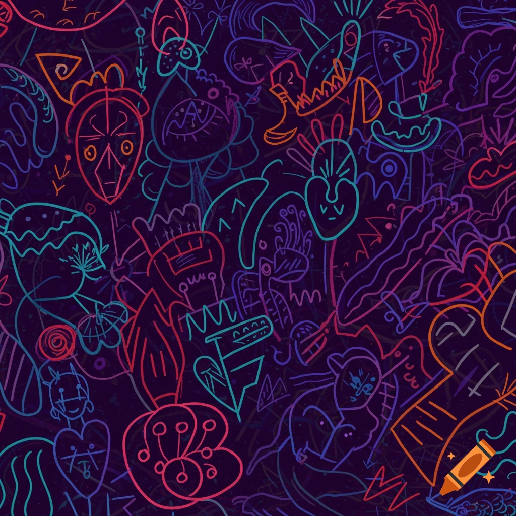 Abstract seamless pattern of colorful outline drawings of faces, figures, and shapes on a dark background.