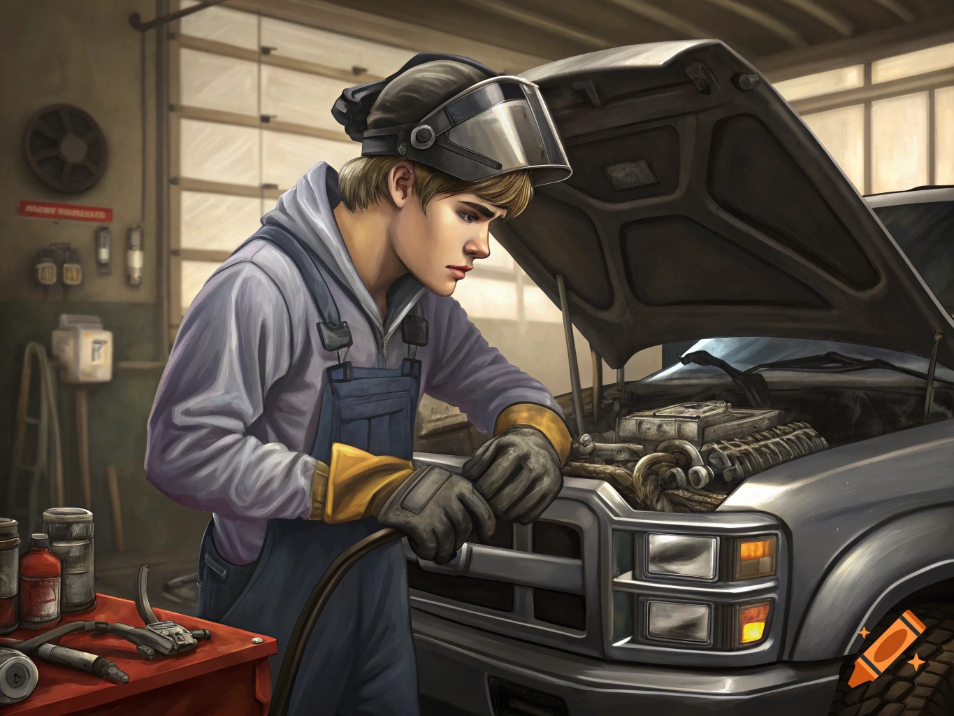 A man in a welding mask and overalls works on a truck engine in a garage. Digital painting style.