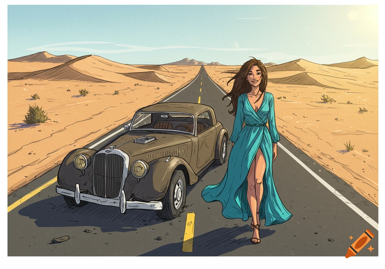 Illustration of a woman in a dress standing next to a vintage car on a desert highway.