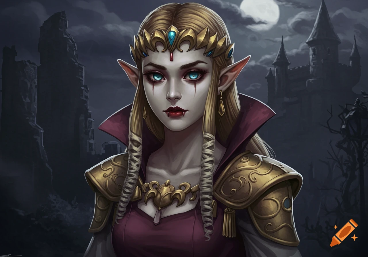 Portrait of vampire Princess Zelda in dark fantasy setting.