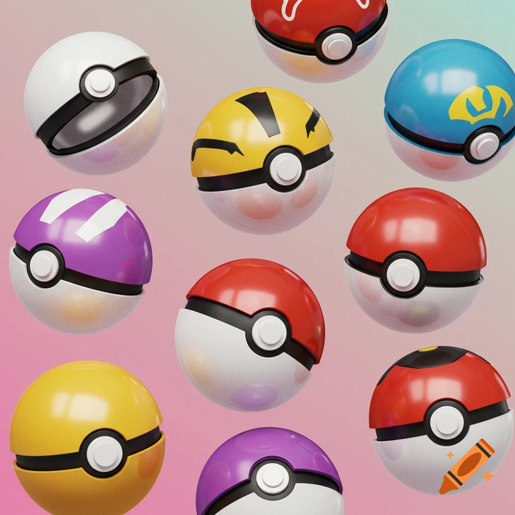 Several stylized 3D rendered Pokeballs with various colors and designs floating.