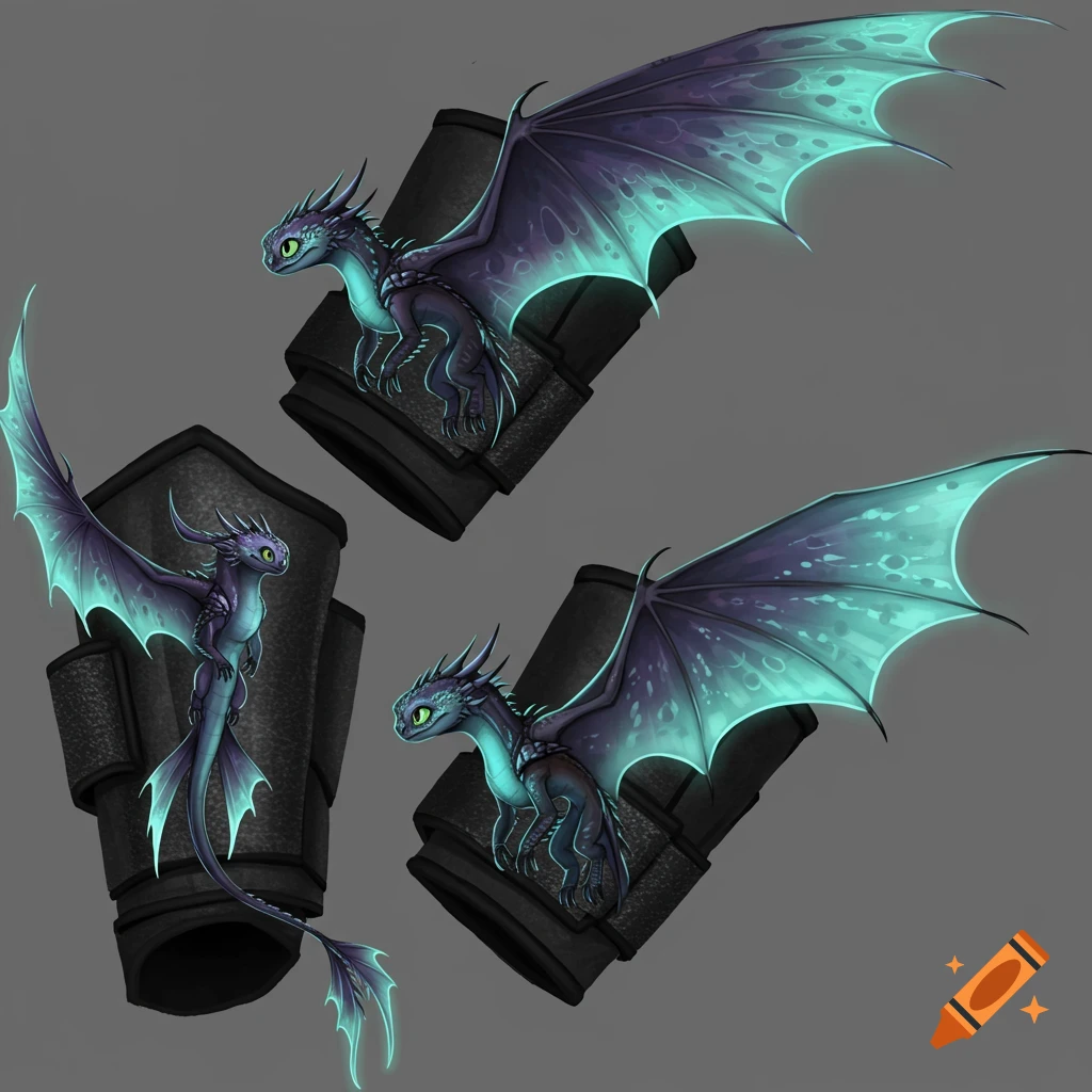 Multiple stylized purple and teal dragons with glowing wings on black wrist guards.