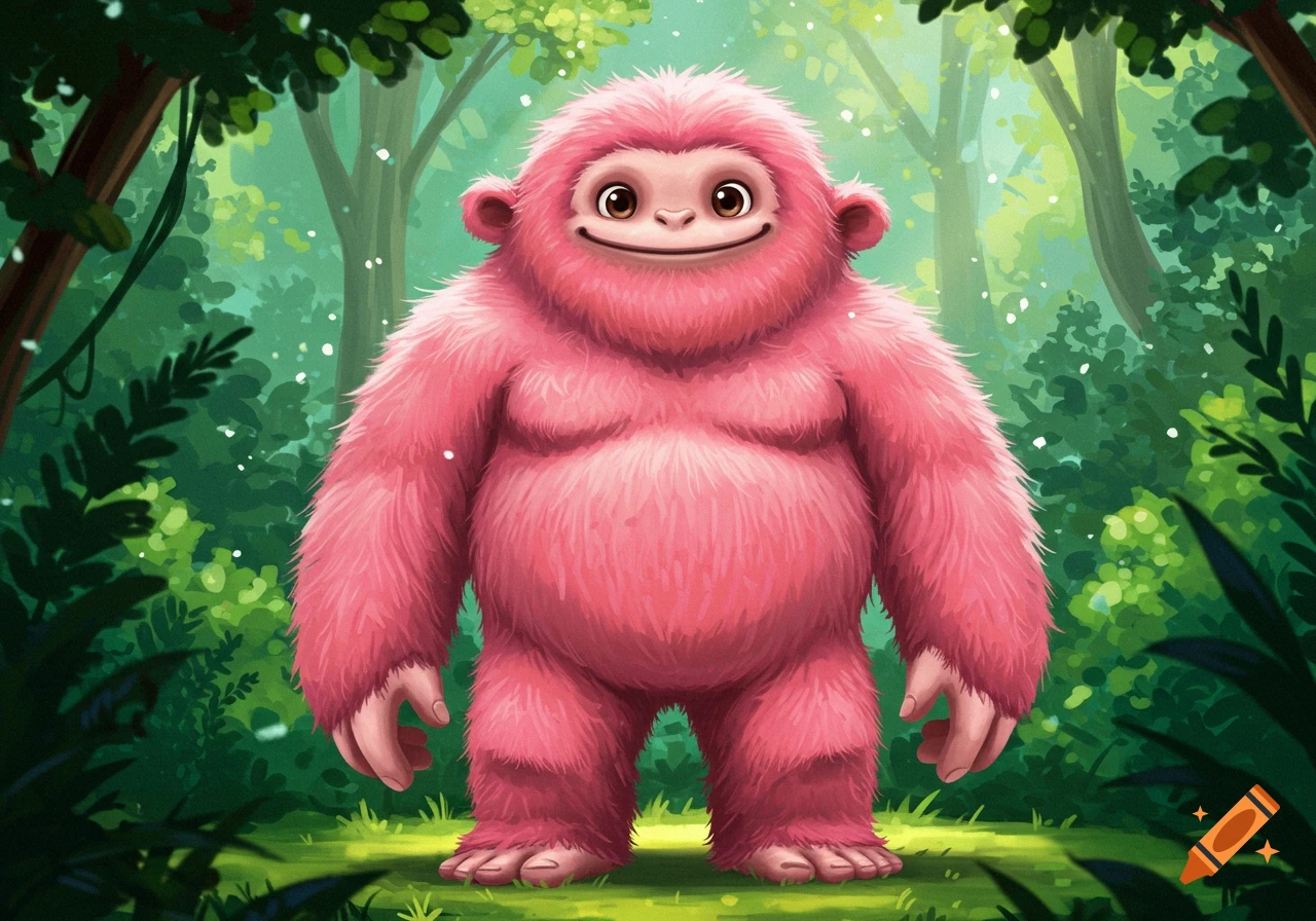 Illustration of a cute pink Bigfoot standing in a forest.