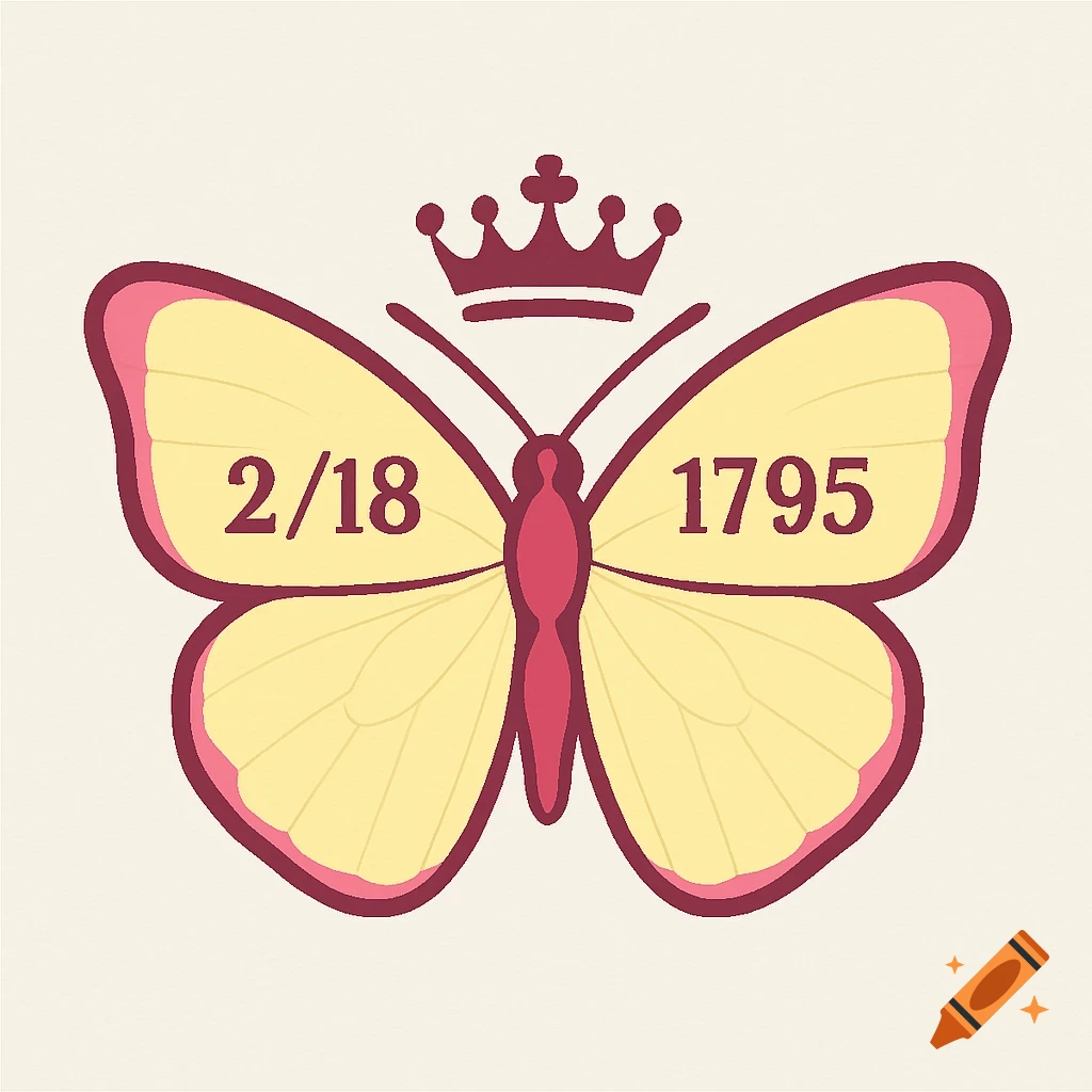 Logo of a yellow butterfly with pink edges and a crown, displaying "2/18" on the left wing and "1795" on the right wing.