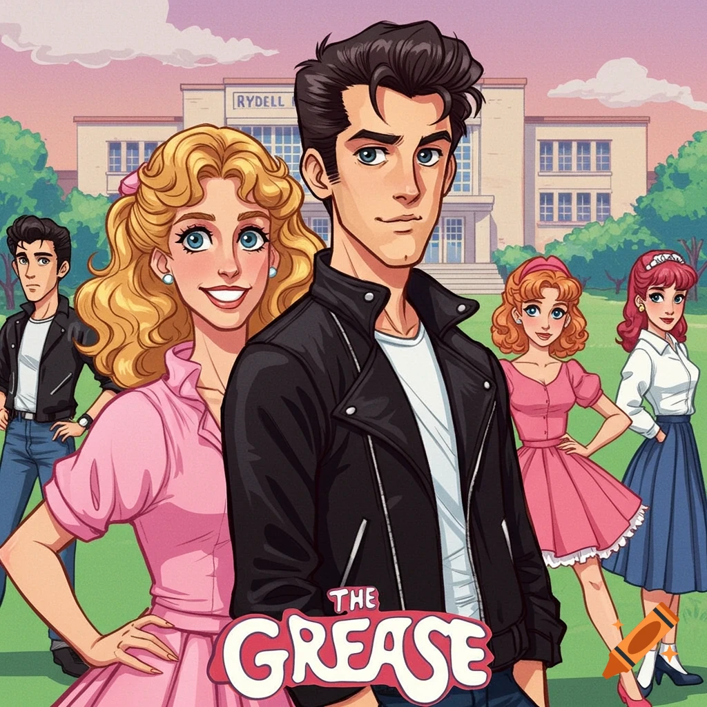 Anime style characters resembling Grease cast stand in front of Rydell High school with 'THE GREASE' title.