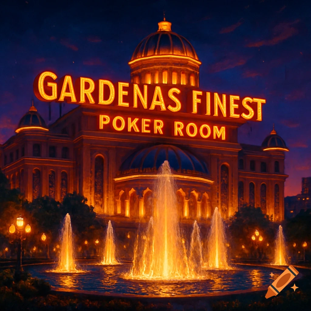 A large building with neon signs 'Gardenas Finest Poker Room' and lighted fountains at night.