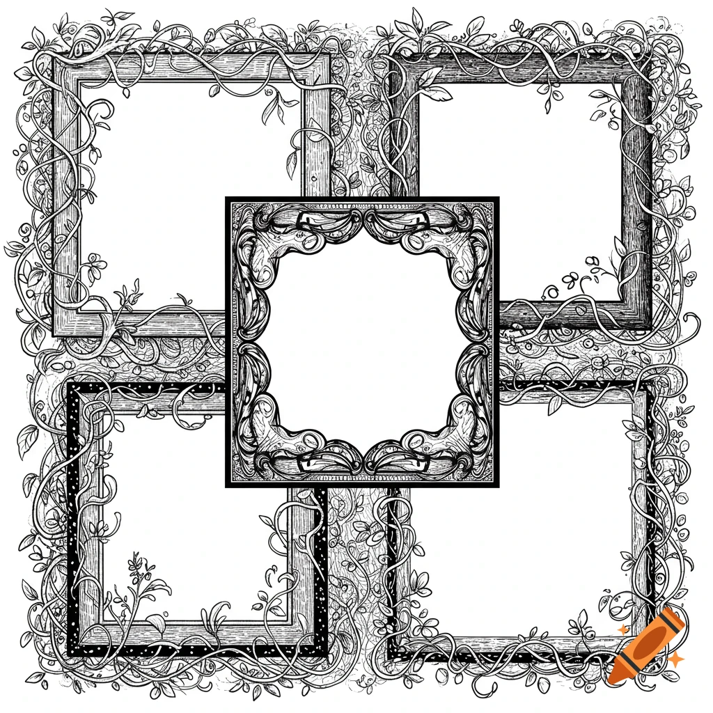 Black and white illustration of decorative picture frames and vines