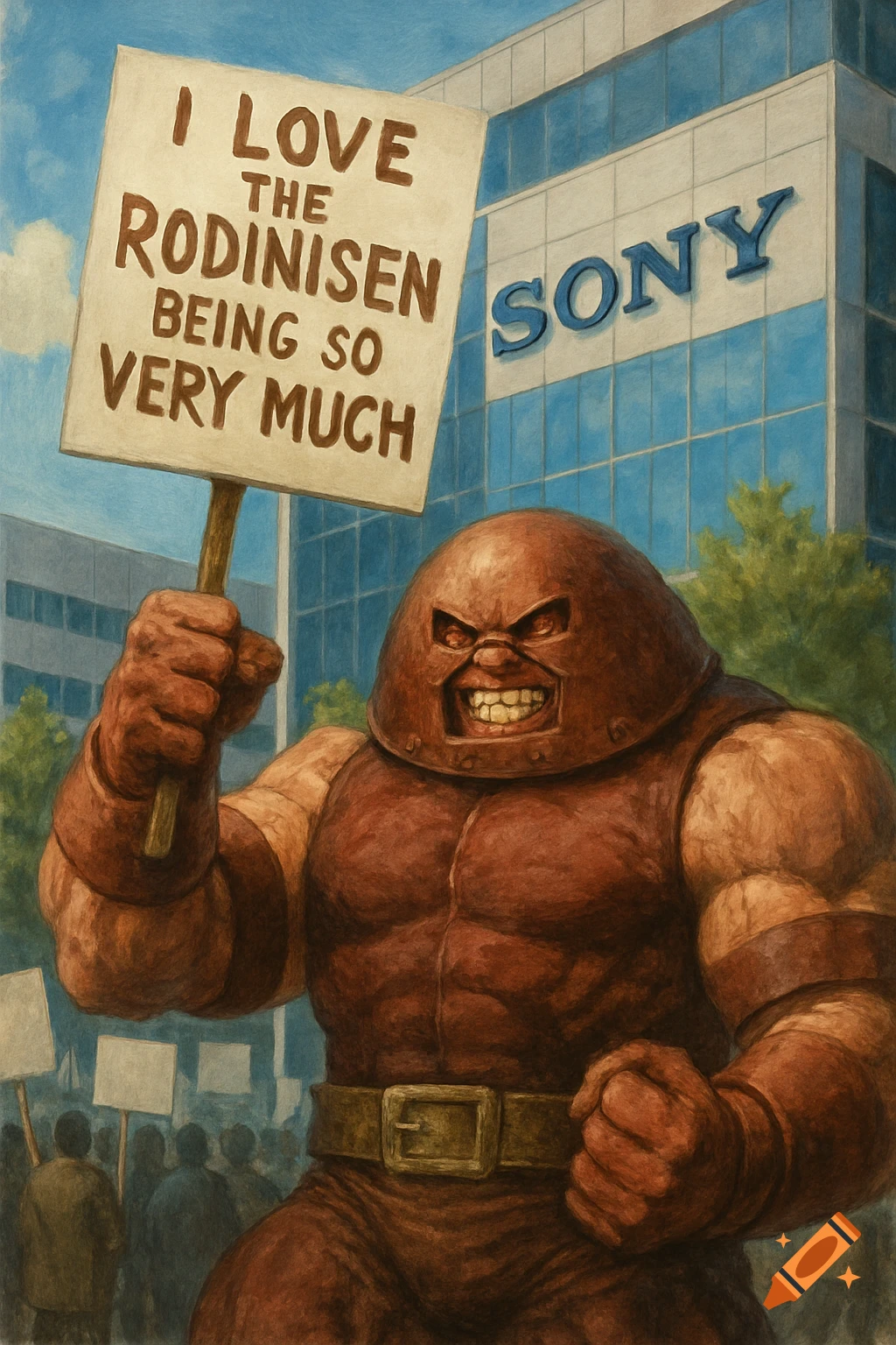 Juggernaut from Marvel holding a sign that says "I love the Rodinisen being so very much" outside a Sony building with a crowd.