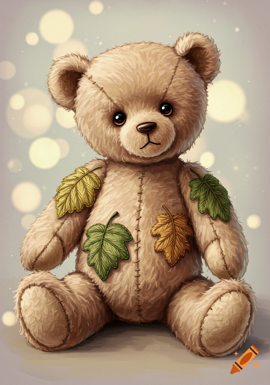A stuffed teddy bear with embroidered green and brown leaves sits against a bokeh light background.