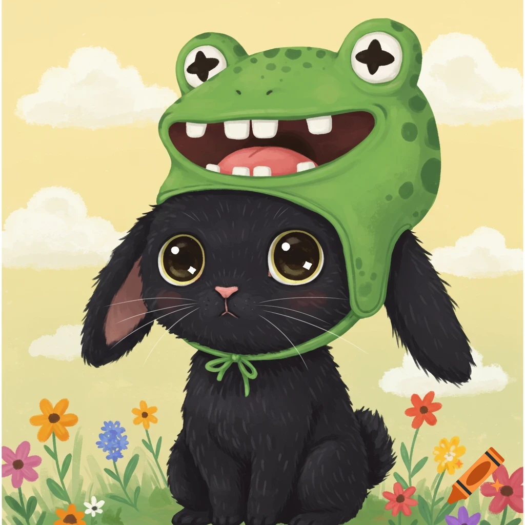 A black bunny wearing a green frog hat sits in a field of colorful ...