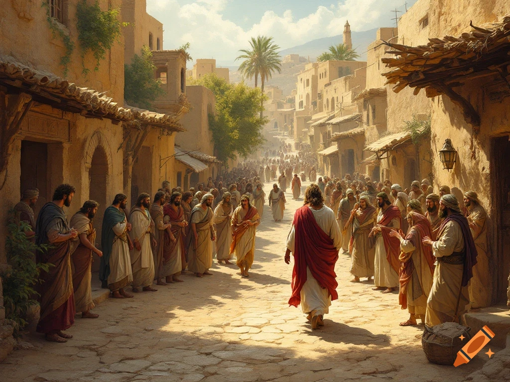 Jesus walks through a crowded ancient street lined with adobe buildings