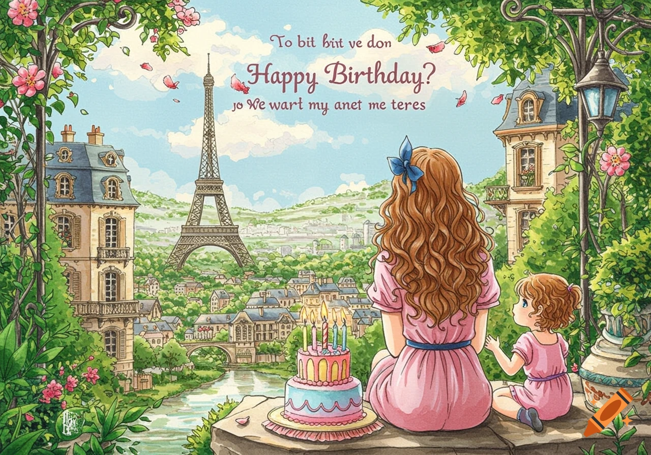 Manga style illustration of a woman and child sitting on a ledge overlooking Paris with the Eiffel Tower and a birthday cake.