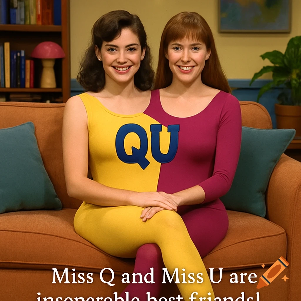 Two women in a split yellow and magenta leotard sit on a couch with text Miss Q and Miss U are inseparable best friends!