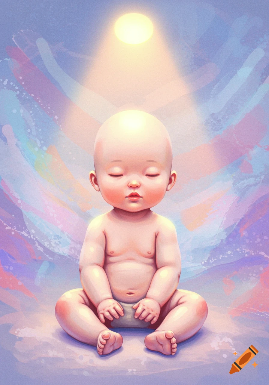 Illustration of a bald baby meditating under a bright light in pastel colors.