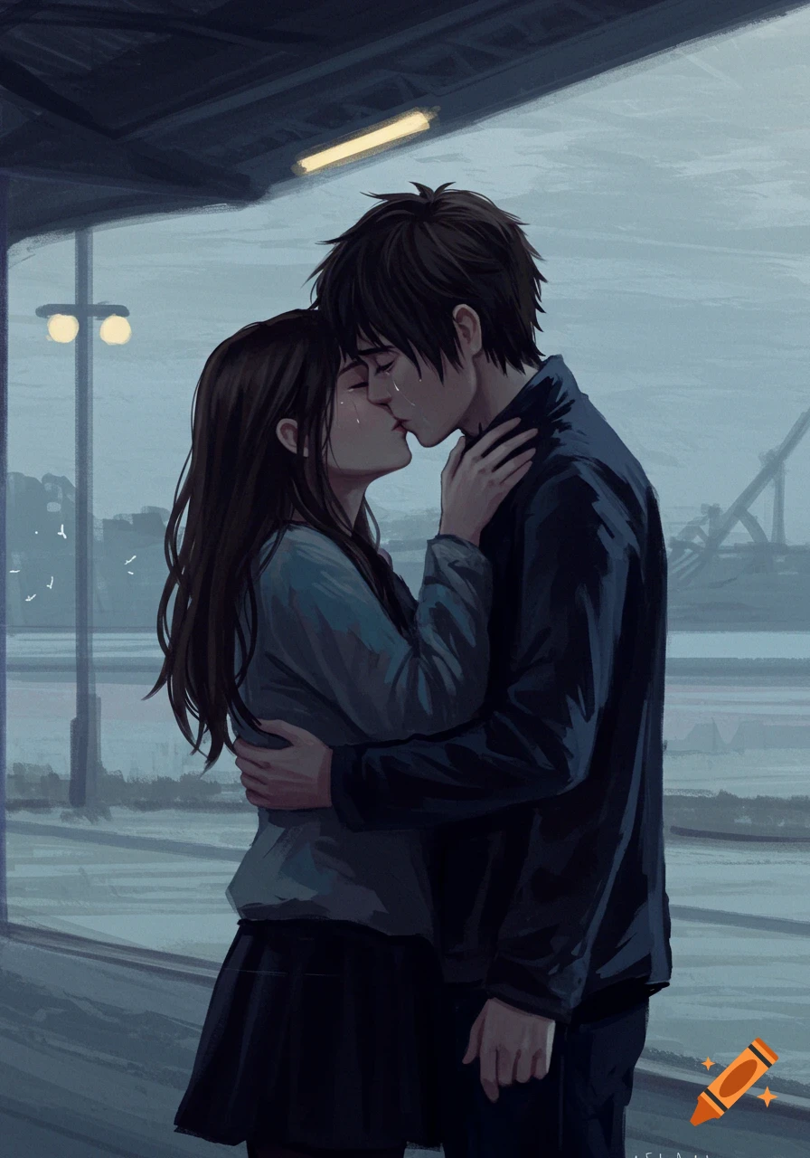 Illustration of a sad couple kissing goodbye in a rainy setting.
