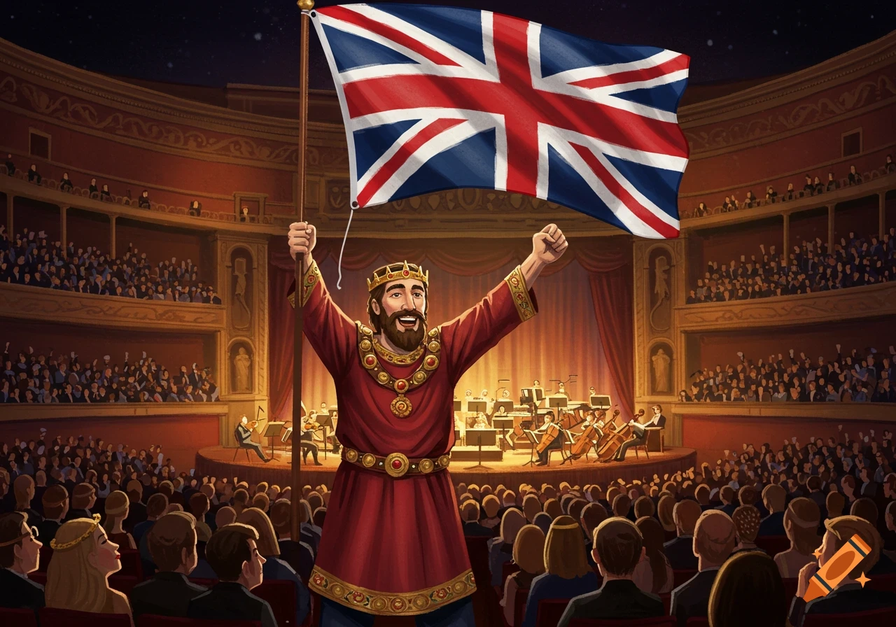 A king-like figure waves a large UK flag on stage in a crowded theatre during an event.