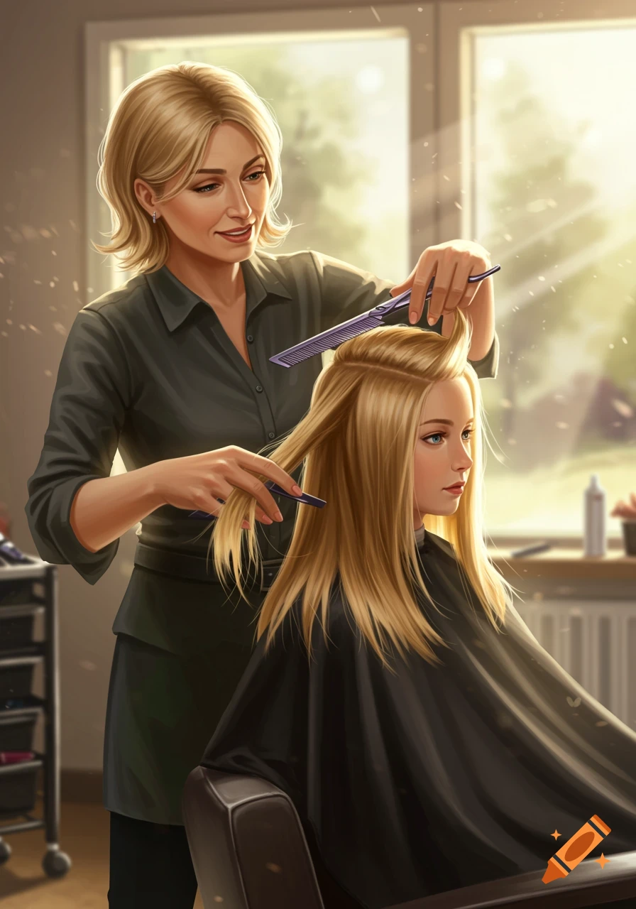 A stylist cuts a young woman's long blonde hair in a bright salon, rendered in a realistic style.