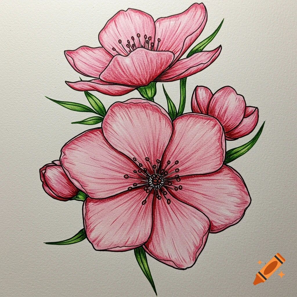 Drawing of several pink flowers with green leaves on a white background.