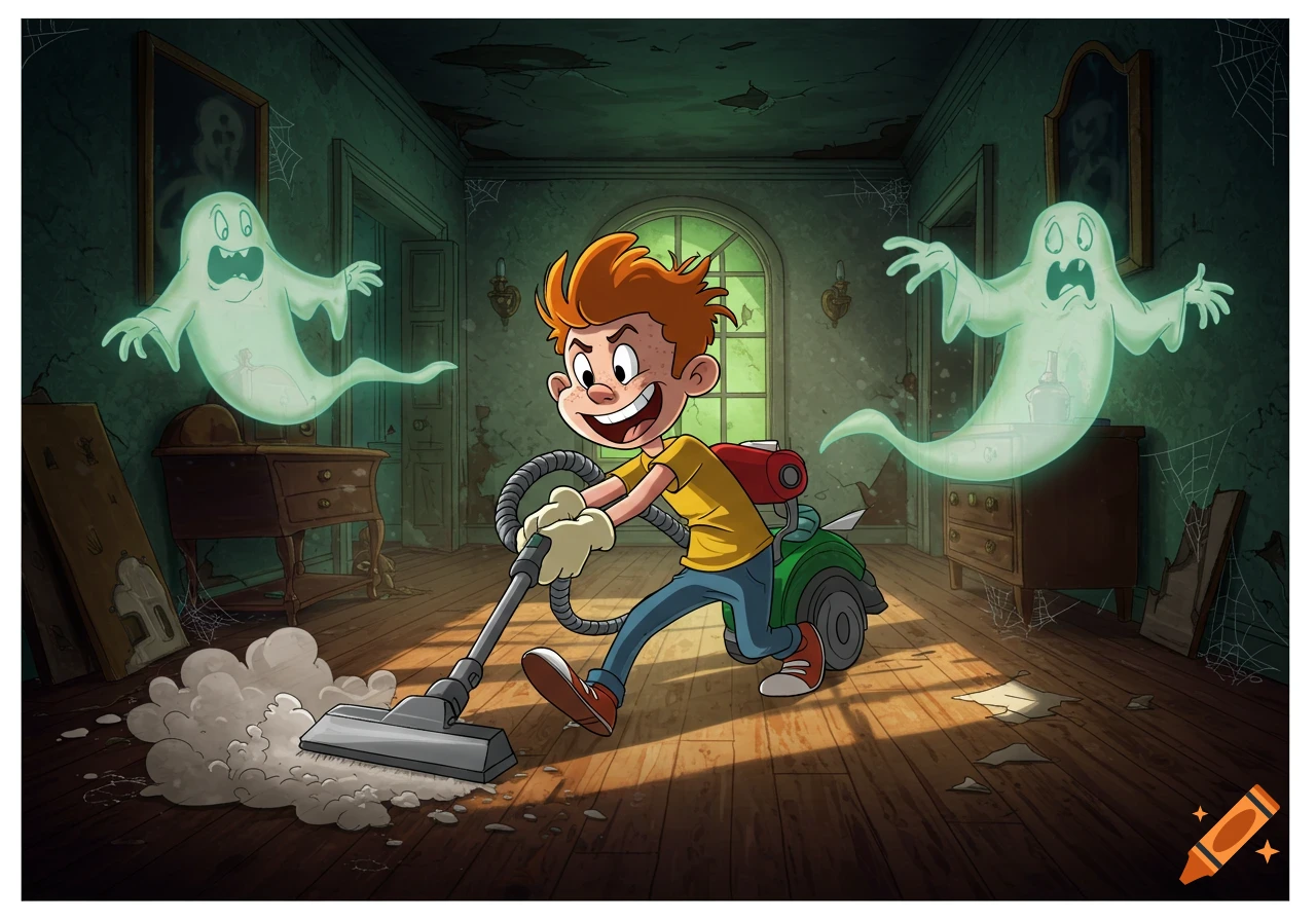 Cartoon boy vacuums ghosts in a haunted house.