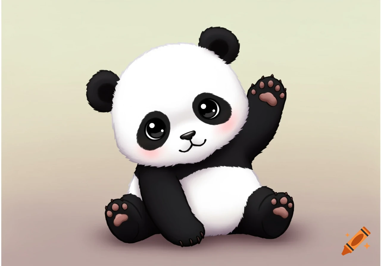 A cute cartoon baby panda sits and waves.