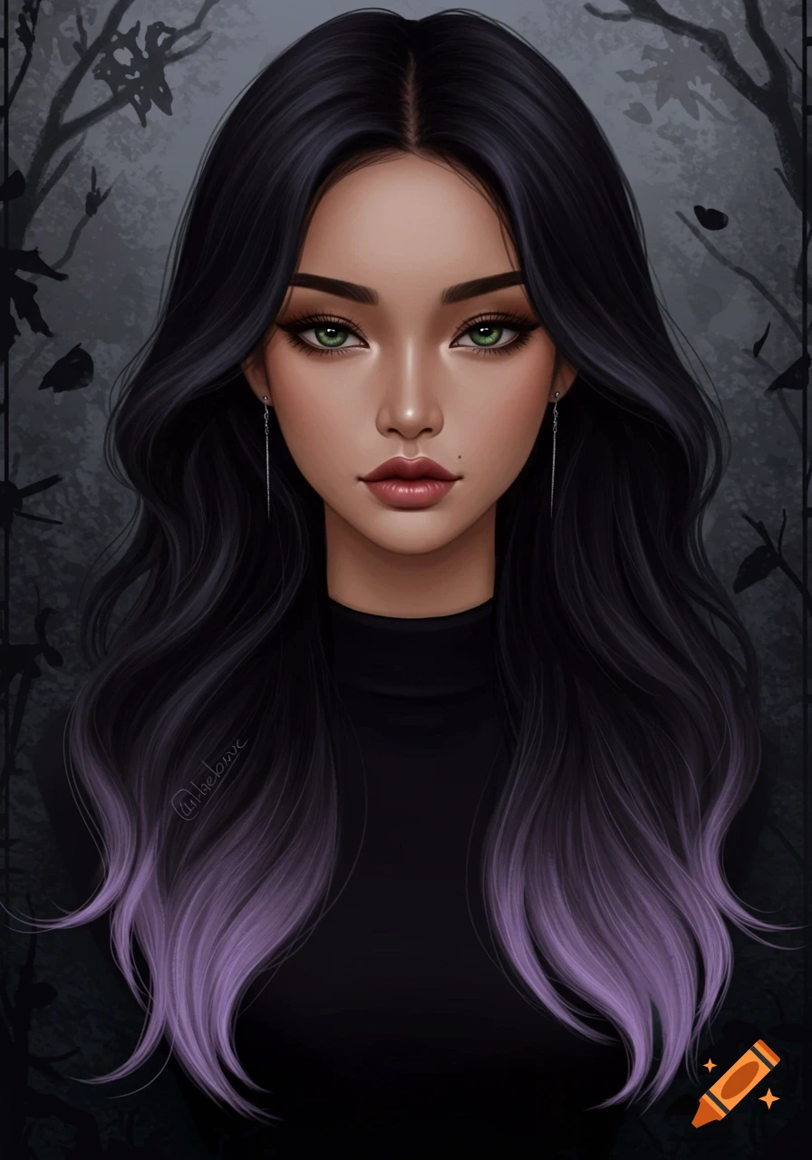 Digital painting of a woman with black hair, purple tips, green eyes, and black shirt against a dark background.