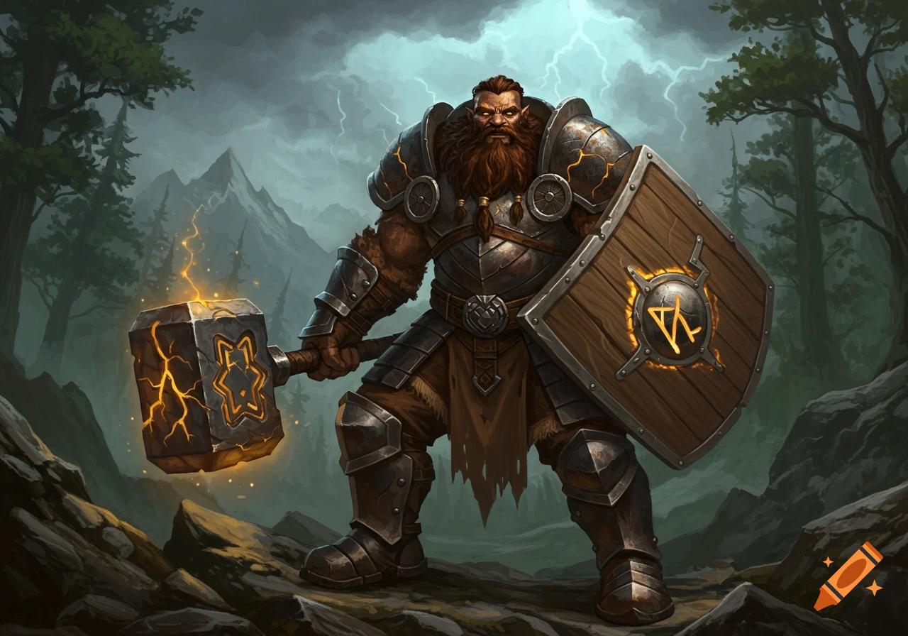 A powerful fantasy dwarf fighter in plate armor holding a glowing warhammer and shield in a stormy forest.