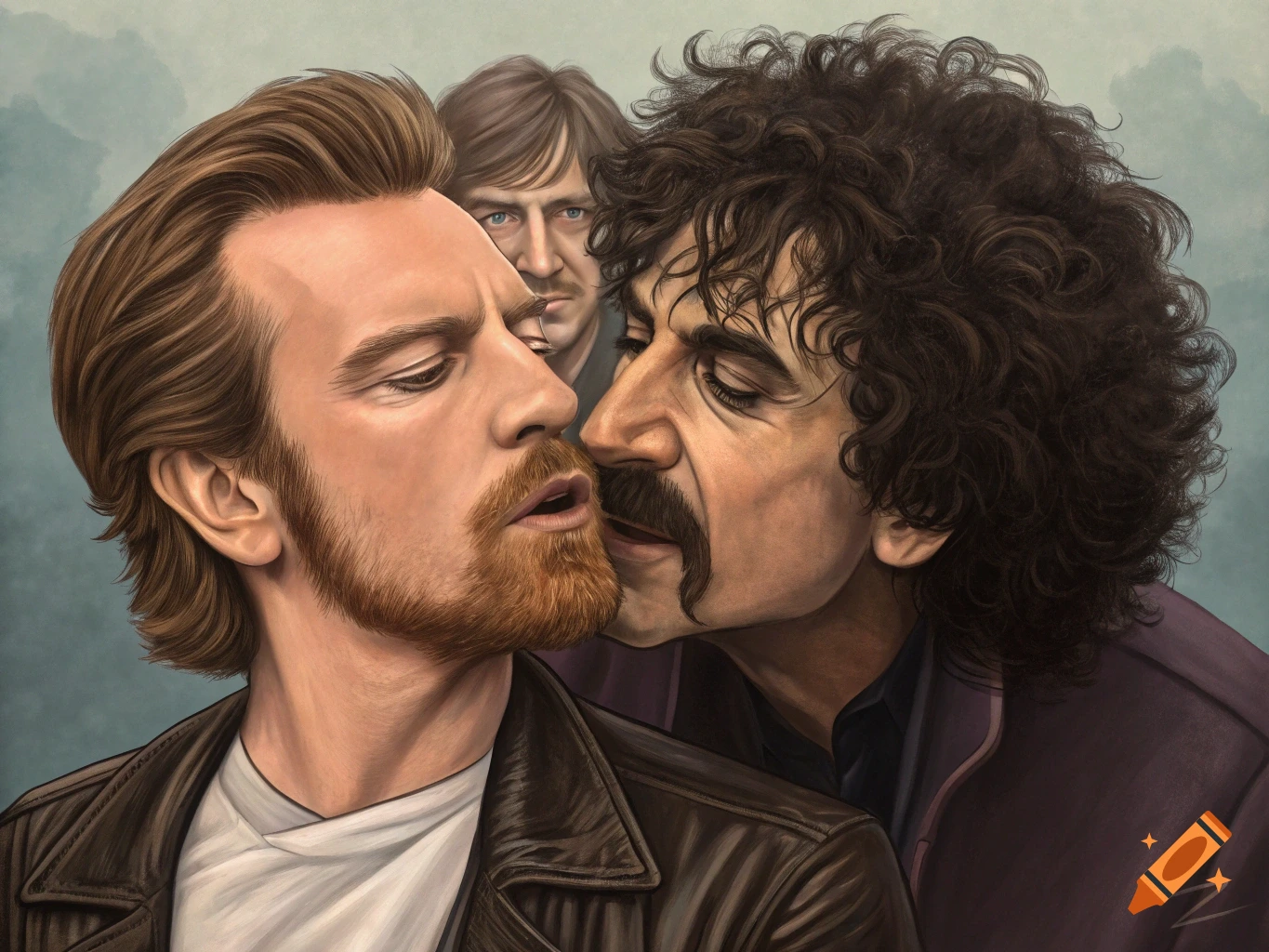 Painting of Ewan McGregor being leaned into by Frank Zappa, with Bob Dylan in the background.