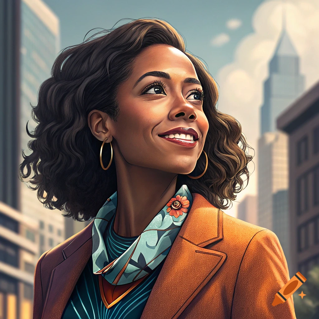 Illustrative portrait of a smiling Black woman in an urban setting, wearing a jacket and scarf.