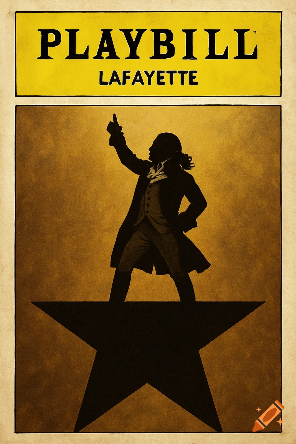 Stylized playbill poster with silhouette of man on star, text 'PLAYBILL LAFAYETTE'