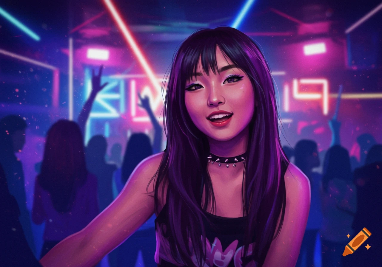 A smiling girl with long dark hair in a crowded club illuminated by neon lights, digital art.