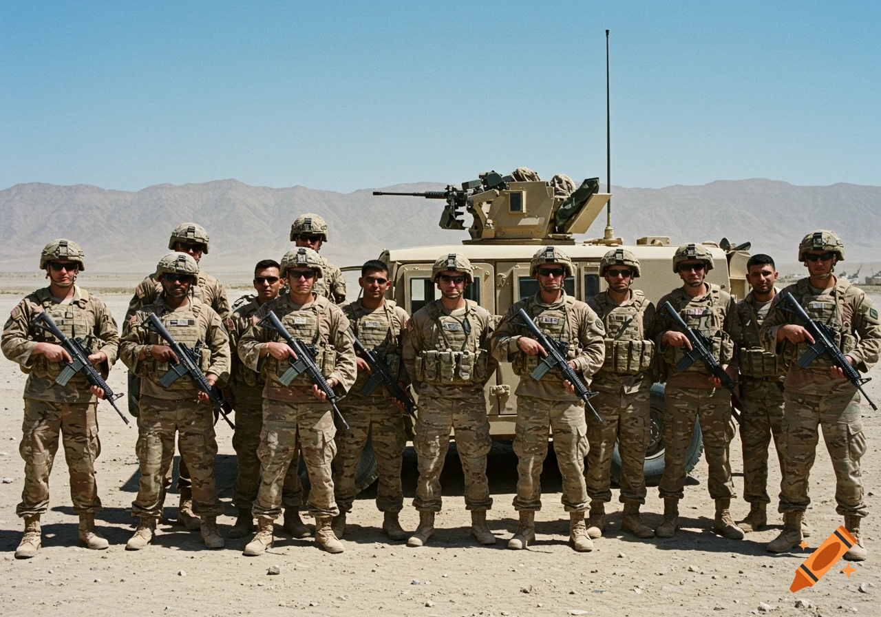 A group of soldiers in uniform standing in front of a military vehicle in a desert landscape