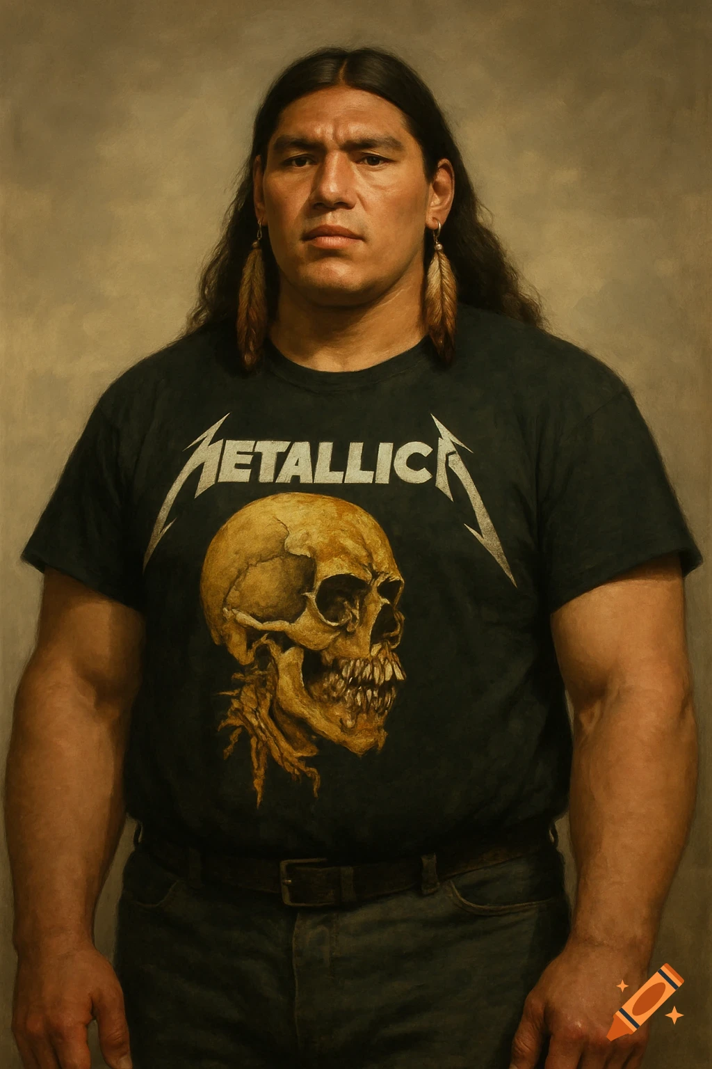 Portrait of a large man with long hair and feather earrings, wearing a black Metallica t-shirt.