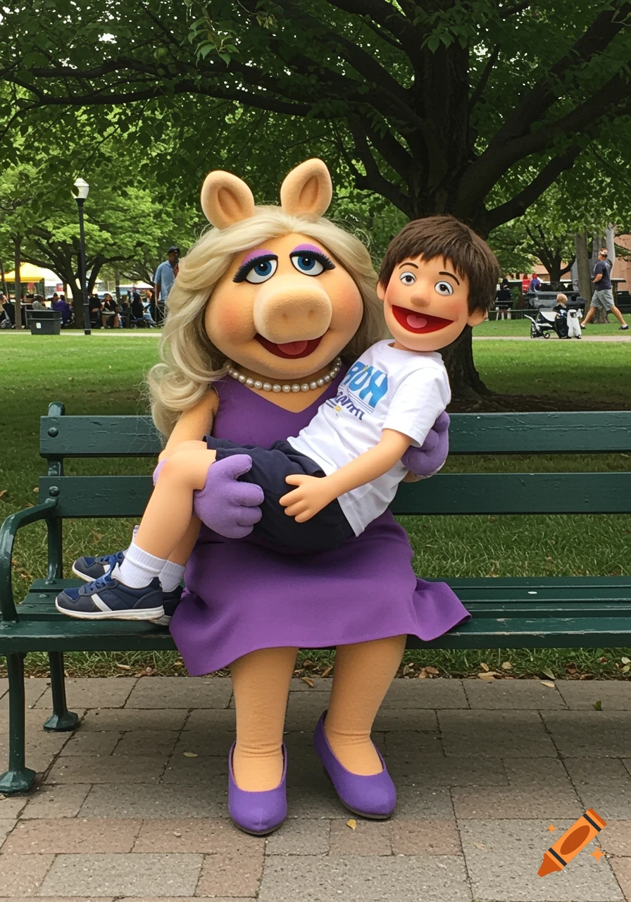 Miss Piggy holds a puppet boy on her lap while sitting on a park bench.