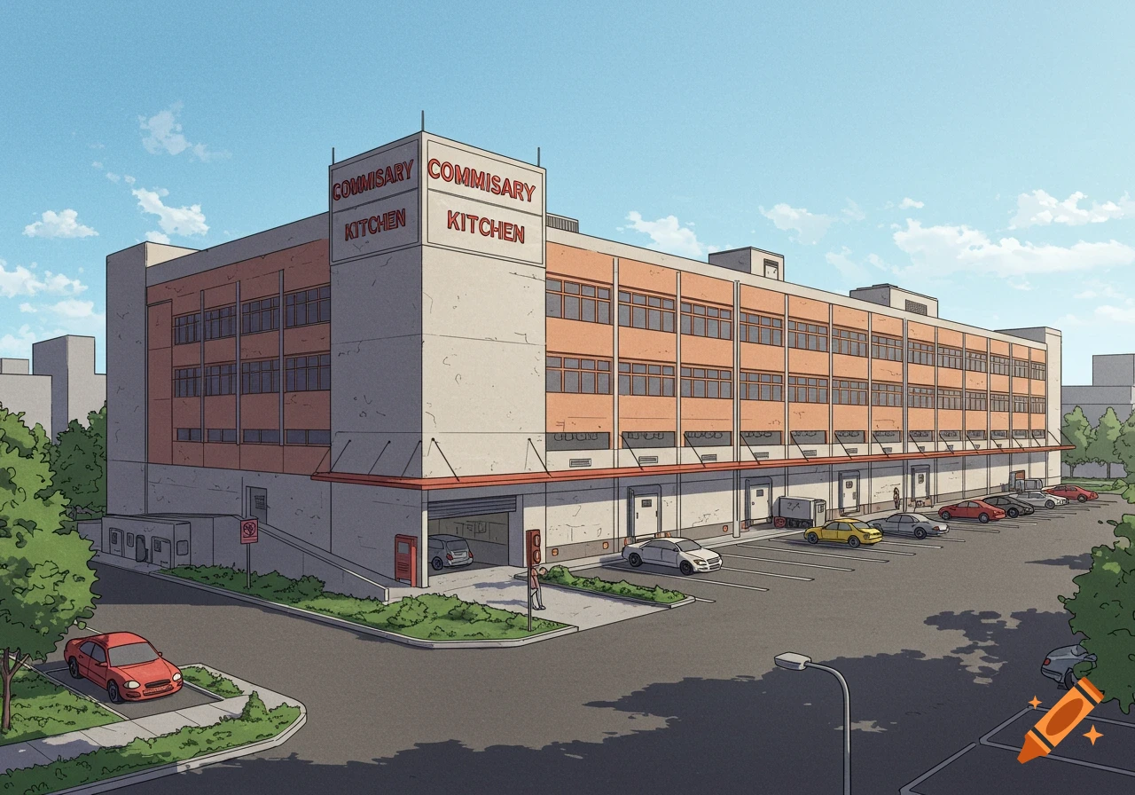 Illustration of a commissary kitchen building with a loading dock and parking lot