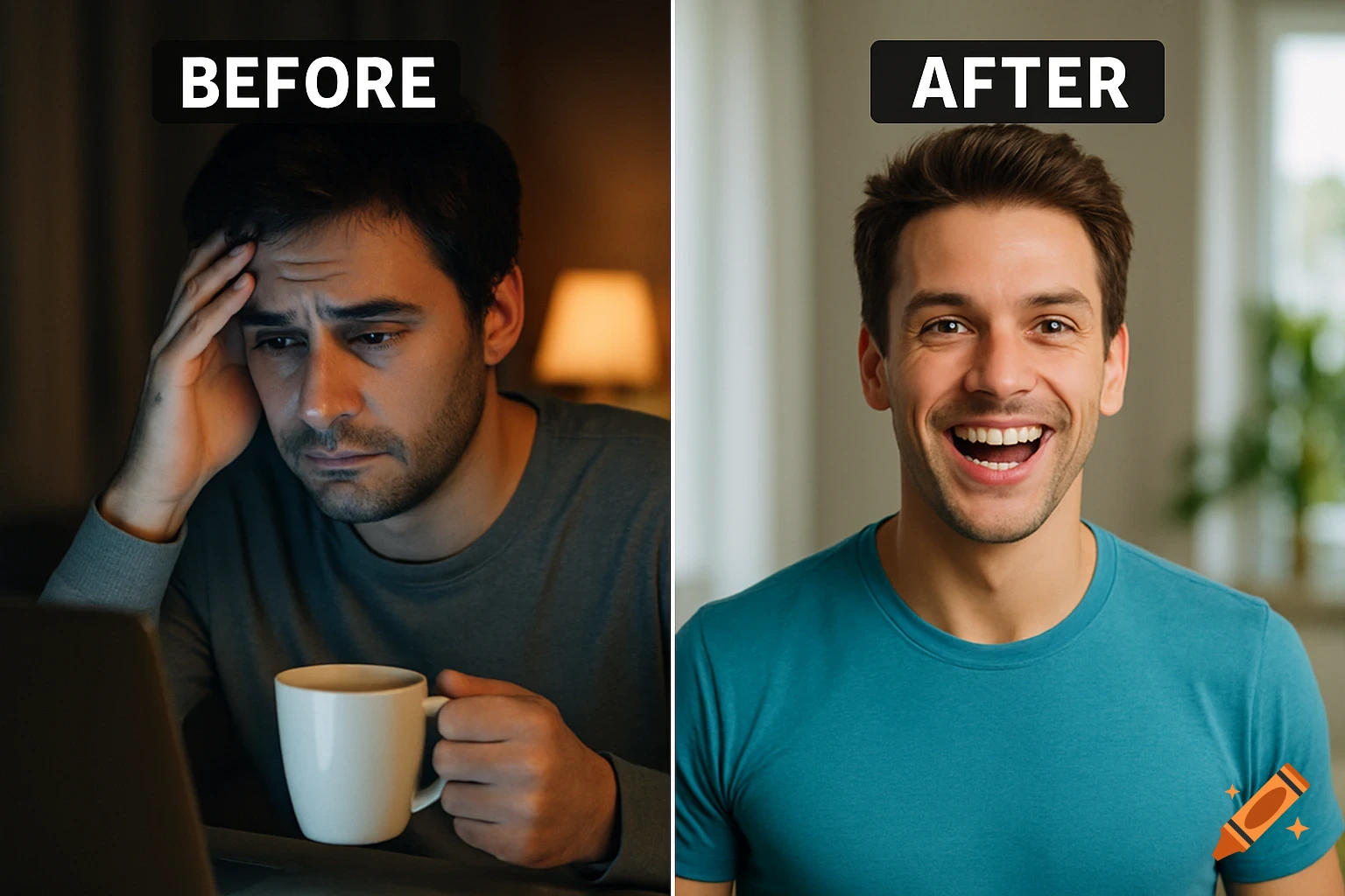 Split image of a man: left (BEFORE) shows him tired at night with coffee, right (AFTER) shows him smiling happily in daylight.