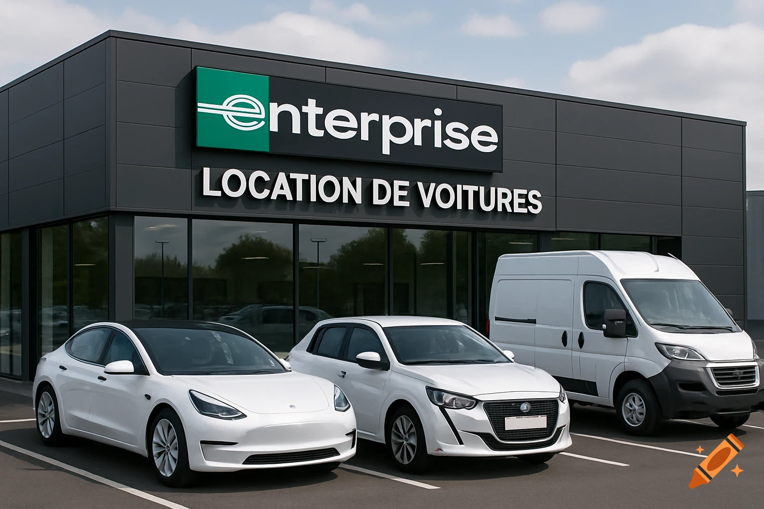 Modern car rental building with a Tesla, white car, and white van parked outside.