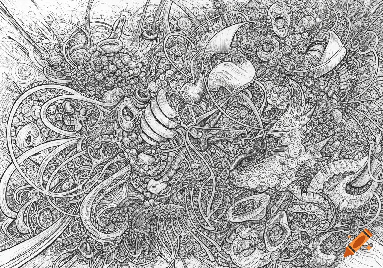 Detailed black and white line drawing of intertwined organic and mechanical forms.