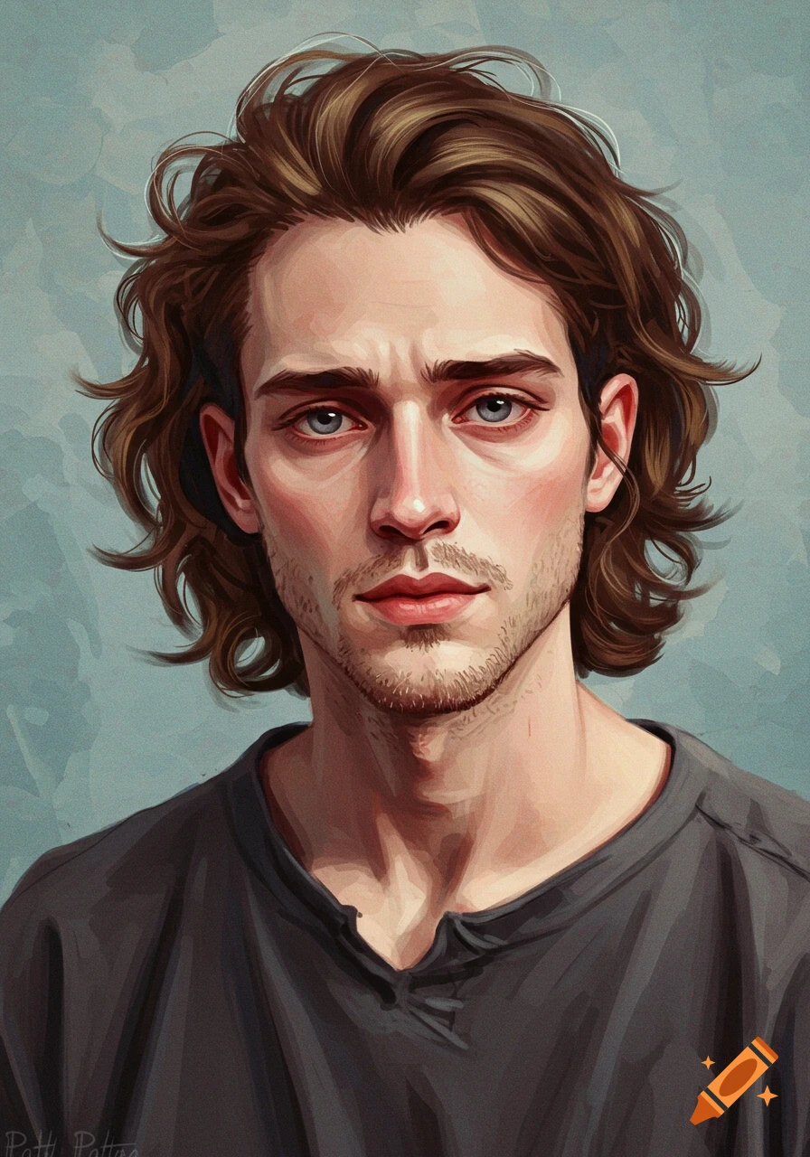 Portrait painting of a pale-skinned man with brown hair and stubble