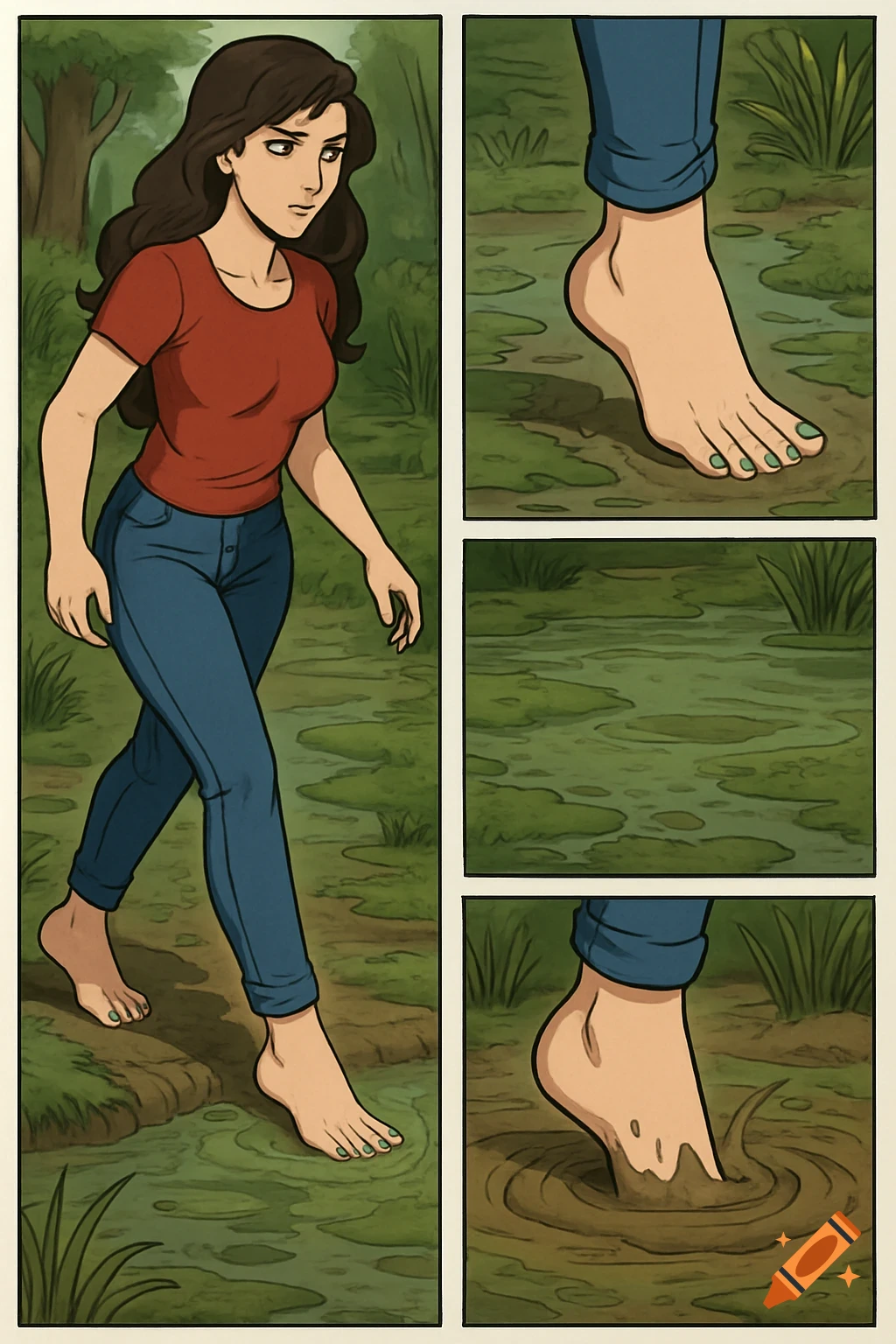 Western anime style comic strip of a barefoot woman stepping into swamp mud.