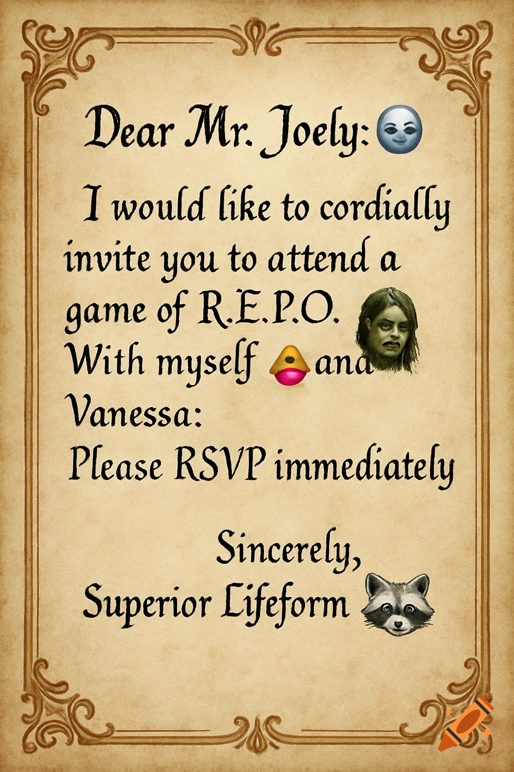Formal invitation letter on parchment with decorative border, text, and small images