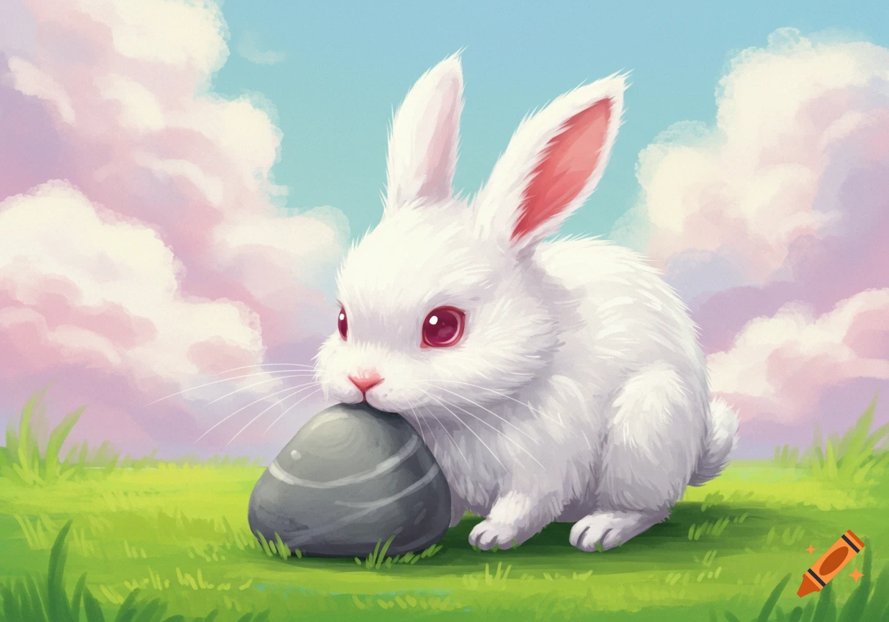 White rabbit next to a grey, striped egg in a grassy field with pink clouds, painted style.