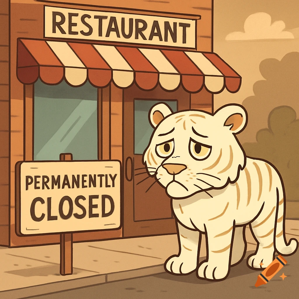 A sad cartoon tiger stands outside a restaurant with a permanently closed sign.