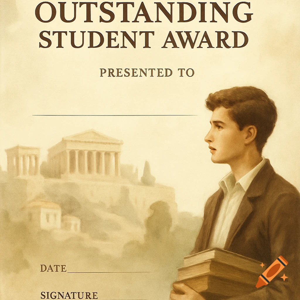 Certificate template for Outstanding Student Award with portrait of student and Greek ruins background.