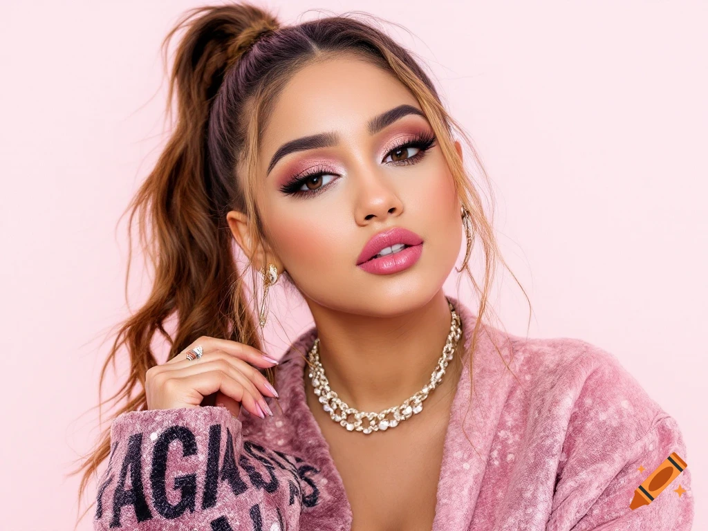 A woman with pink makeup and a sparkly pink jacket