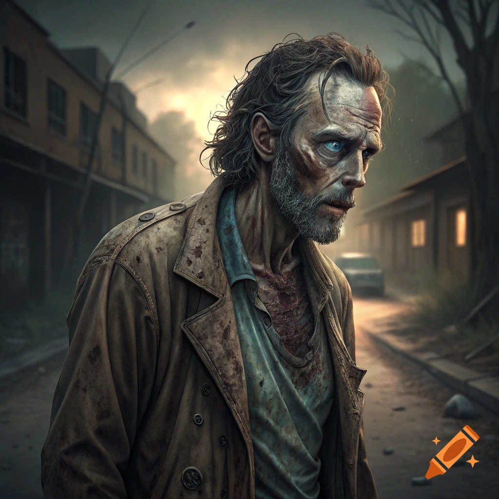 Post-apocalyptic portrait of a zombie-like man in a trench coat on a desolate street.