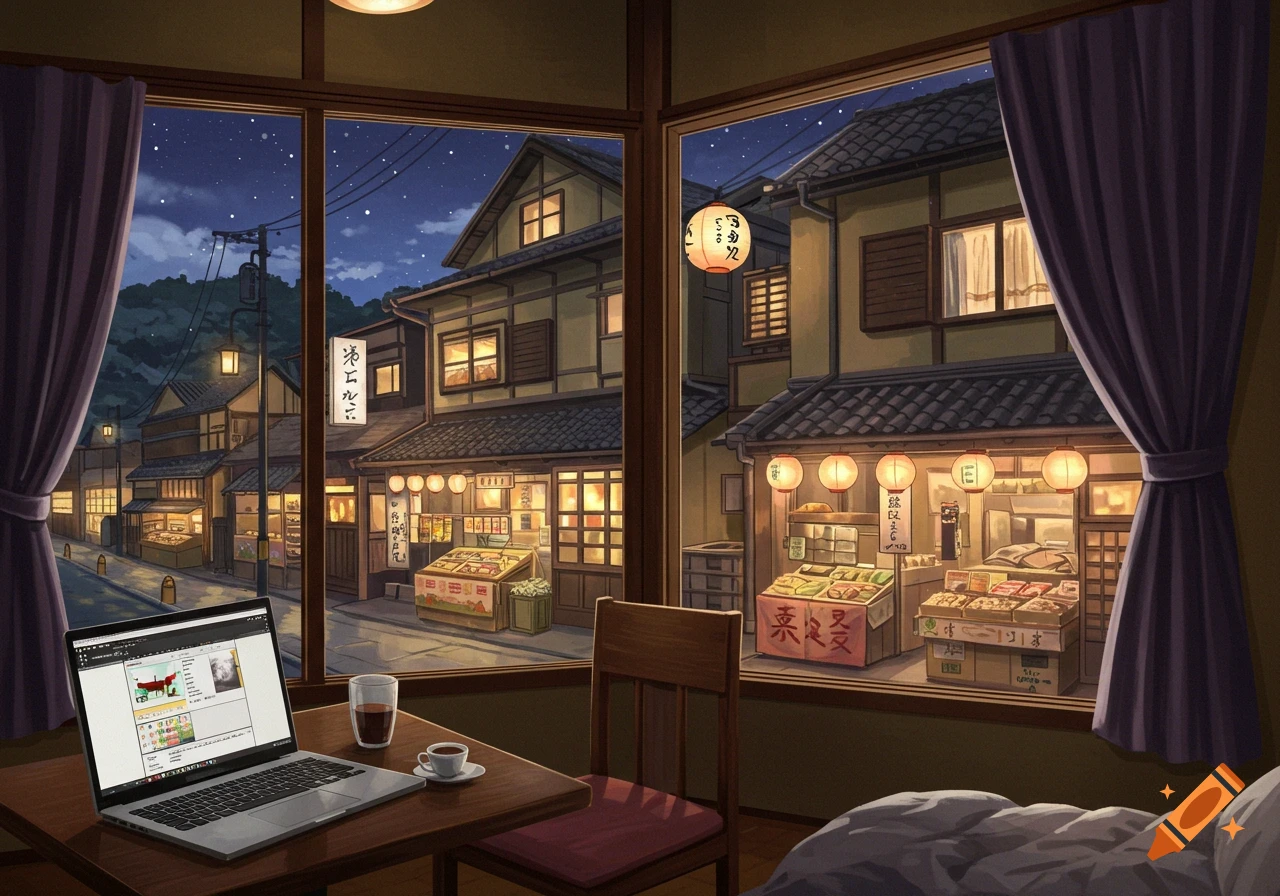 Anime style view from a room of a Japanese street at night with shops, lit lanterns, and a laptop on a table.